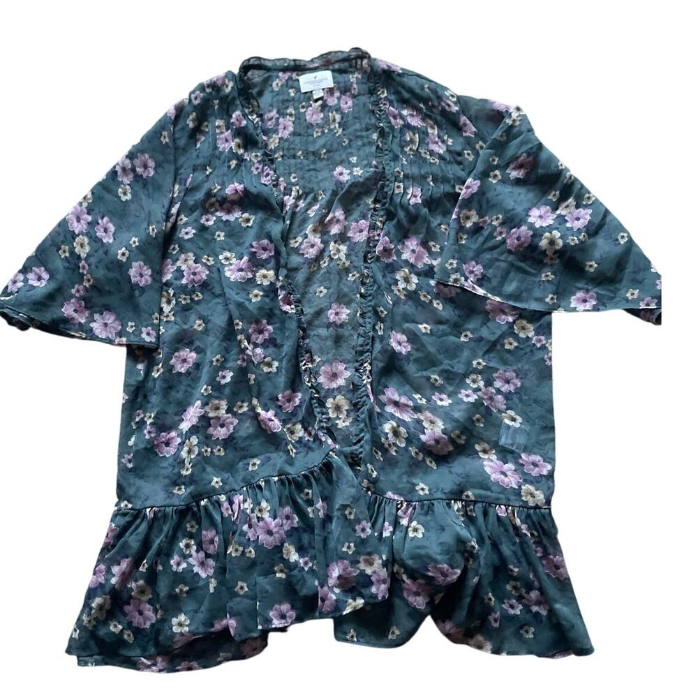 American Eagle Kimono Sheer Floral Womens Medium Ruffles Feminine Boho Flowy
